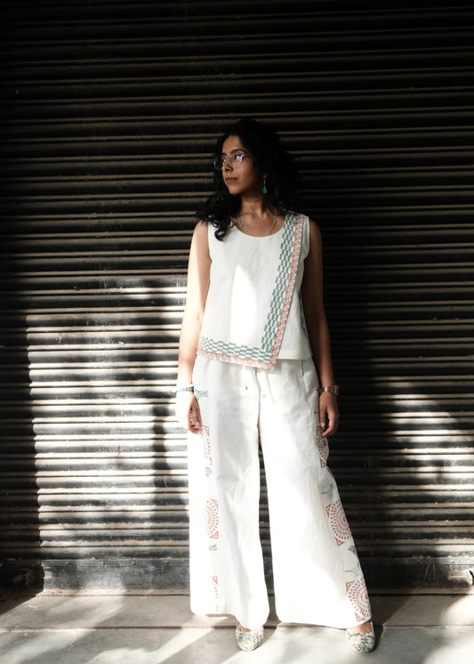 White Linen Block Print Sleeveless Co-ord Set