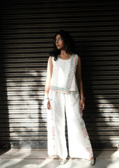 White Linen Block Print Sleeveless Co-ord Set