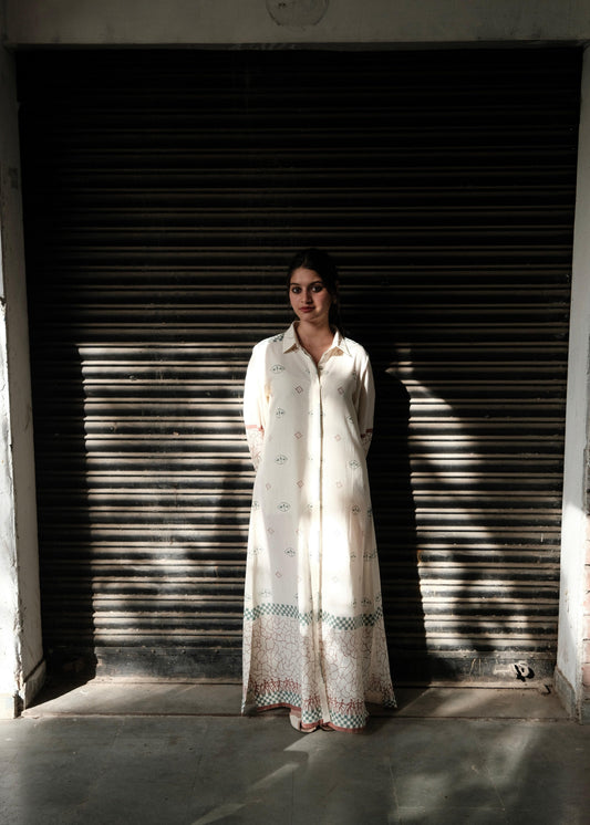 Cream Block Print Maxi Dress