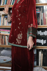 Red short kurta and salwar velvet set with green silk dupatta