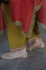 Olive Green kalidaar velvet kurta with silk salwar and red silk dupatta