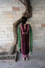 Berry velvet gathered kurta with banarsi border detail, silk pants and contrast green organza dupatta