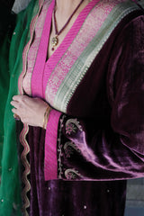 Berry velvet gathered kurta with banarsi border detail, silk pants and contrast green organza dupatta