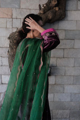 Berry velvet gathered kurta with banarsi border detail, silk pants and contrast green organza dupatta