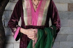 Berry velvet gathered kurta with banarsi border detail, silk pants and contrast green organza dupatta