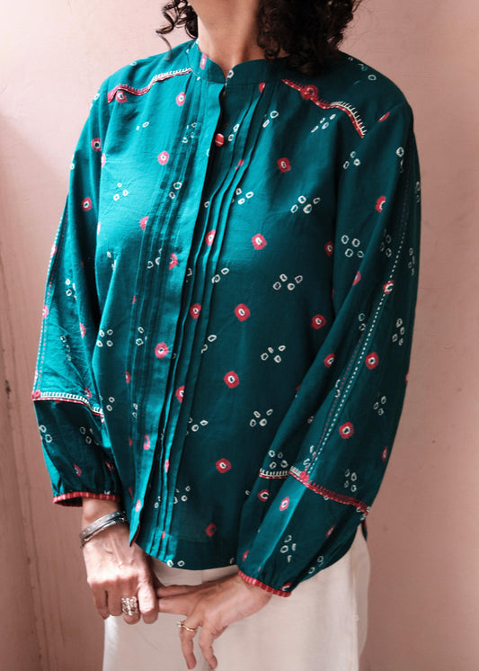 Emerald green bandhej shirt with hand embroidery detailing