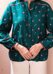 Emerald green bandhej shirt with hand embroidery detailing