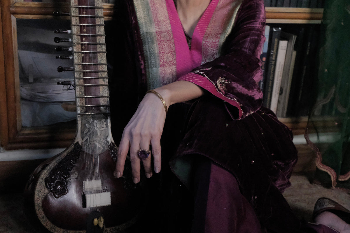 Berry velvet gathered kurta with banarsi border detail, silk pants and contrast green organza dupatta