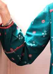 Emerald green bandhej shirt with hand embroidery detailing