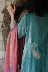 Eggshell blue short kurta with neon peach banarsi booti salwar and pink tissue dupatta