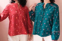 Emerald green bandhej shirt with hand embroidery detailing