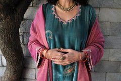 Eggshell blue short kurta with neon peach banarsi booti salwar and pink tissue dupatta