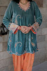 Eggshell blue short kurta with neon peach banarsi booti salwar and pink tissue dupatta