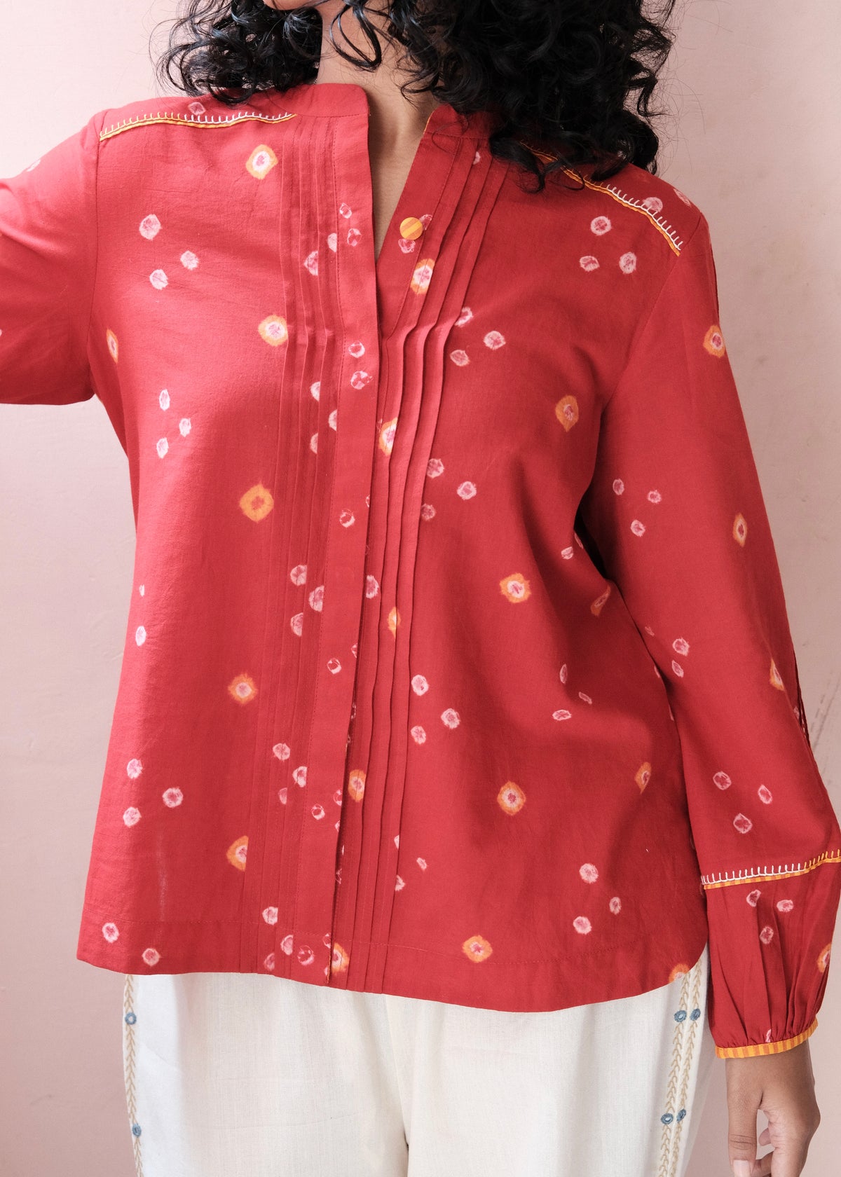 Flame red bandhej shirt with hand embroidery detailing