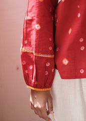 Flame red bandhej shirt with hand embroidery detailing
