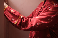 Flame red bandhej shirt with hand embroidery detailing