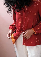 Flame red bandhej shirt with hand embroidery detailing