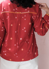 Flame red bandhej shirt with hand embroidery detailing