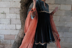 Teal orange short anarkali and salwar velvet set with organza dupatta