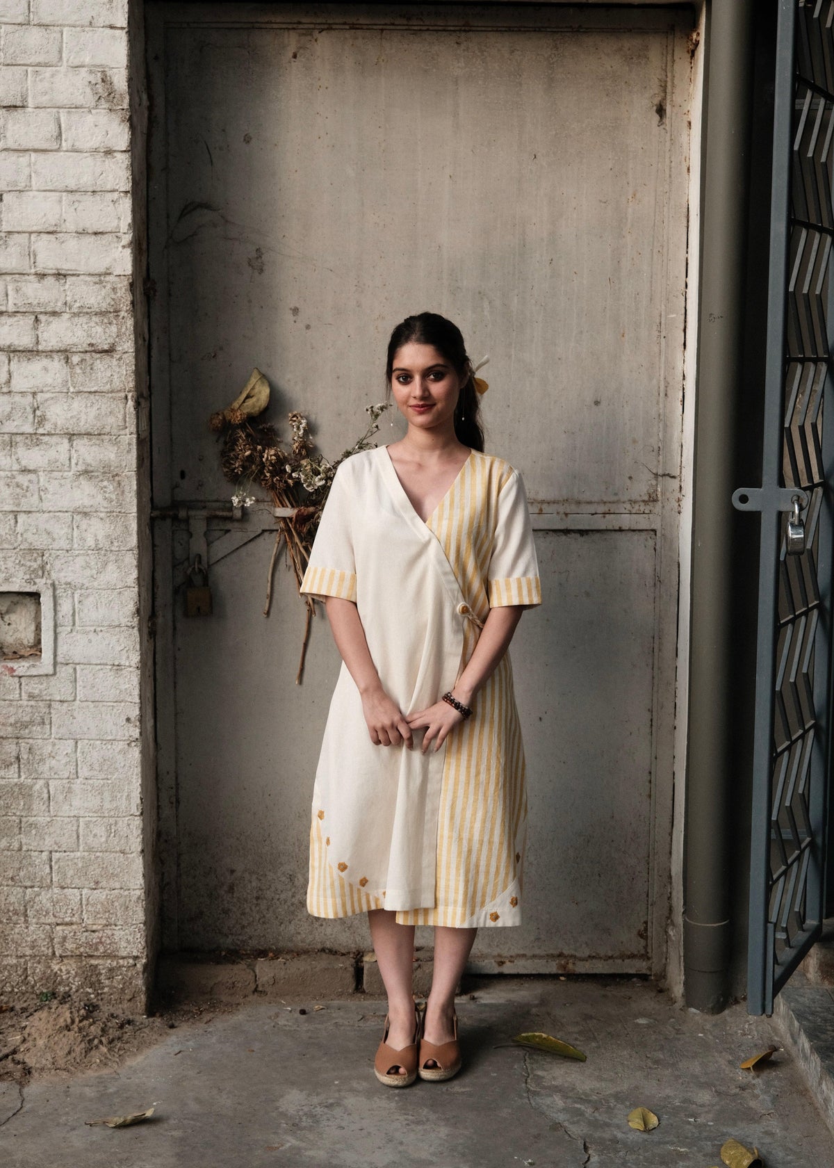 Cream & Yellow Stripe Overlap Kurta Dress