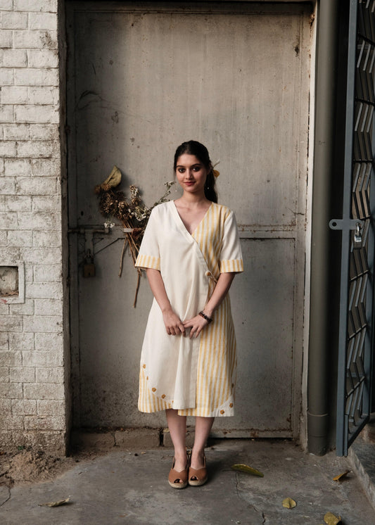 Cream & Yellow Stripe Overlap Kurta Dress