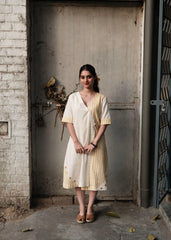 Cream & Yellow Stripe Overlap Kurta Dress