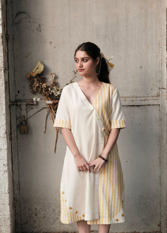 Cream & Yellow Stripe Overlap Kurta Dress