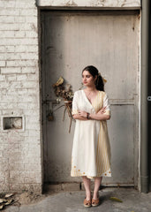 Cream & Yellow Stripe Overlap Kurta Dress