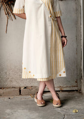 Cream & Yellow Stripe Overlap Kurta Dress