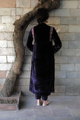 Purple gota flowers kalidaar velvet kurta and silk pants with organza dupatta