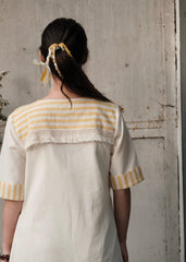 Cream & Yellow Stripe Overlap Kurta Dress