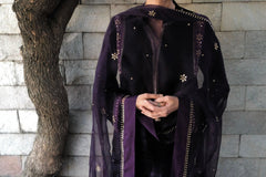 Purple gota flowers kalidaar velvet kurta and silk pants with organza dupatta