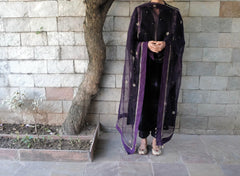 Purple gota flowers kalidaar velvet kurta and silk pants with organza dupatta