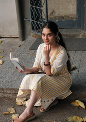Cream & Yellow Stripe Overlap Kurta Dress