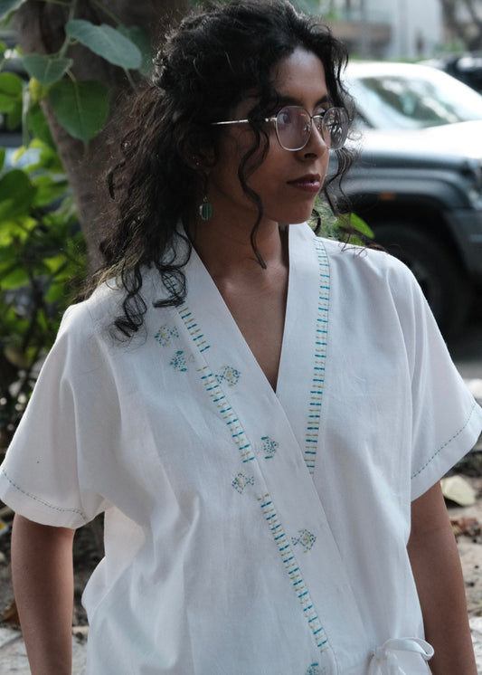 White Urmul Kimono Top with Fish Embroidery
