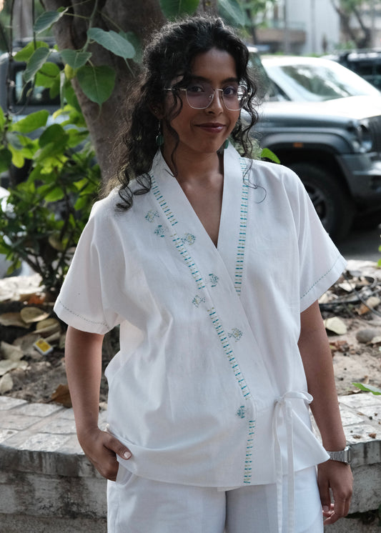 White Urmul Kimono Top with Fish Embroidery