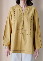 Khakhi yellow Bhuj cotton tunic with applique embroidery