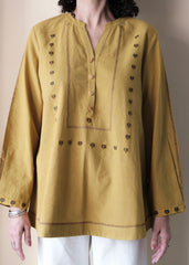 Khakhi yellow Bhuj cotton tunic with applique embroidery