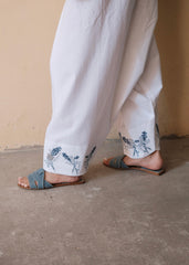 White Urmul Handloom Cotton Salwar With Indigo Grey Floral Embroidery