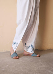 White Urmul Handloom Cotton Salwar With Indigo Grey Floral Embroidery