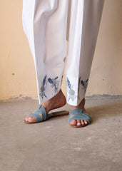 White Urmul Handloom Cotton Salwar With Indigo Grey Floral Embroidery