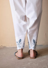 White Urmul Handloom Cotton Salwar With Indigo Grey Floral Embroidery