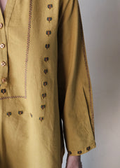 Khakhi yellow Bhuj cotton tunic with applique embroidery