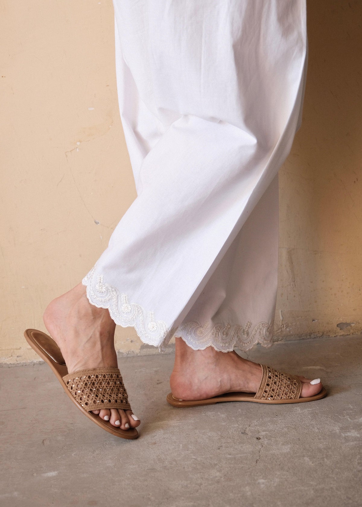 White Urmul Handloom Cotton Salwar with Scallops and Dori Embroidery