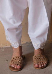 White Urmul Handloom Cotton Salwar with Scallops and Dori Embroidery