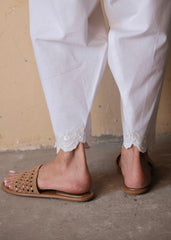 White Urmul Handloom Cotton Salwar with Scallops and Dori Embroidery
