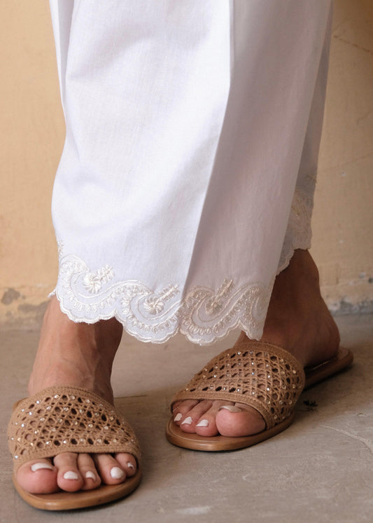 White Urmul Handloom Cotton Salwar with Scallops and Dori Embroidery