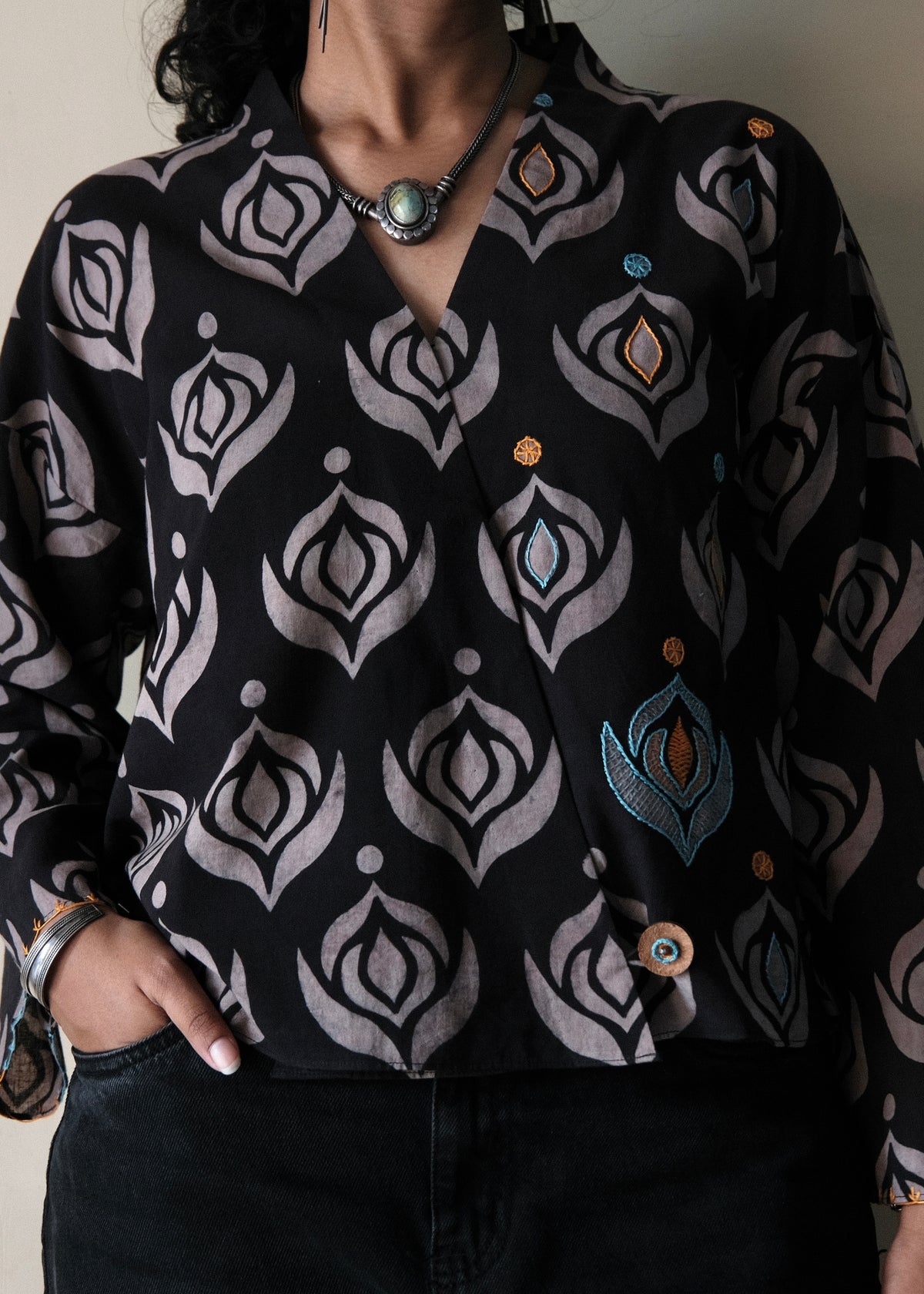 Black grey ajrakh crossover kimono top