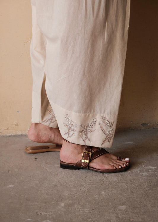 Cream (Greige) Urmul Handloom Cotton Salwar With Beige Brown Floral Embroidery