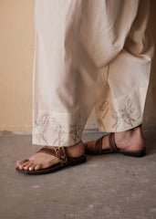 Cream (Greige) Urmul Handloom Cotton Salwar With Beige Brown Floral Embroidery
